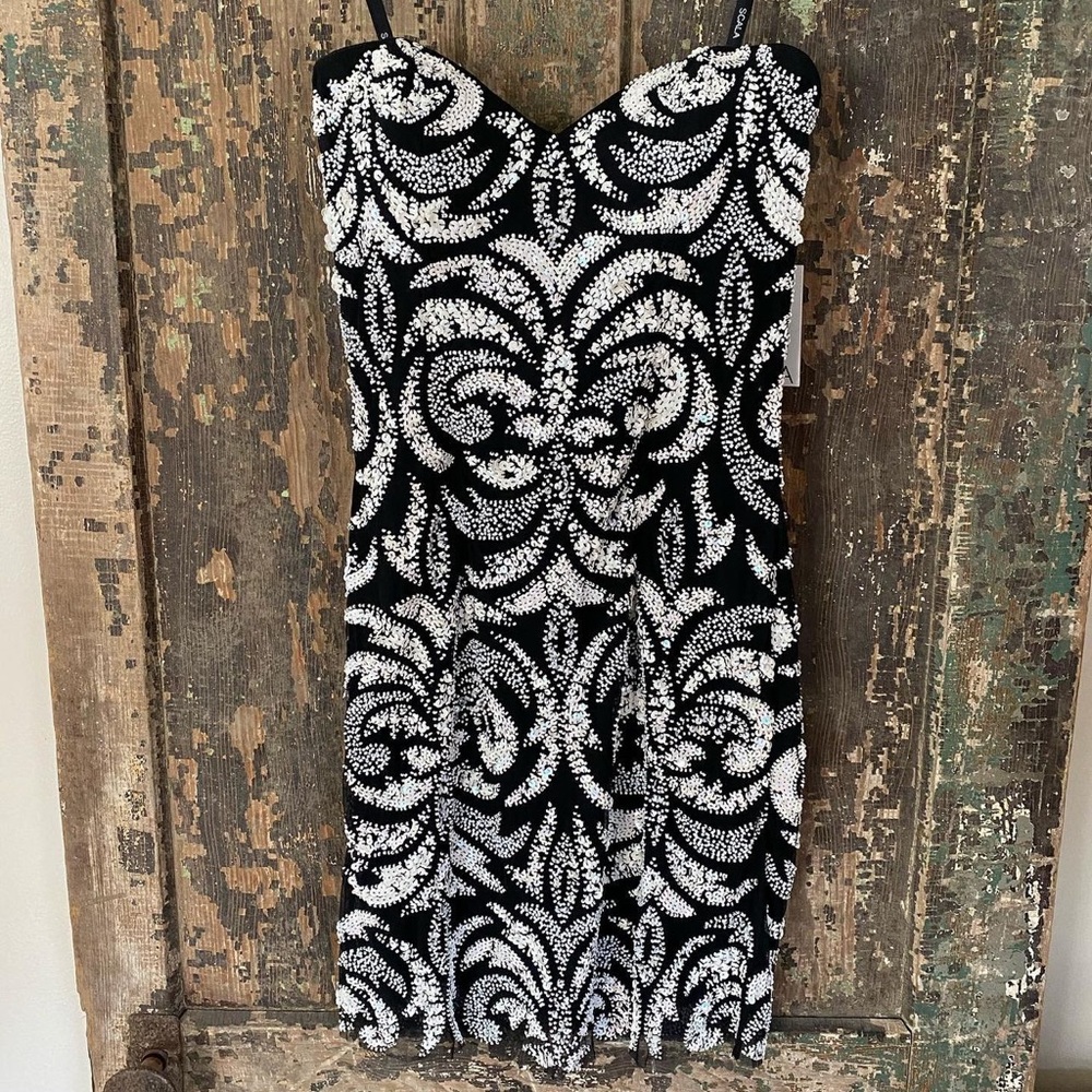 black and white beaded strapless cocktail dress
